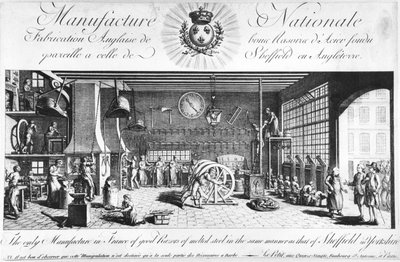 La única fábrica en Francia de buenas navajas de acero fundido de la misma manera que en Sheffield en Inglaterra, Yorkshire, finales del siglo XVIII de French School
