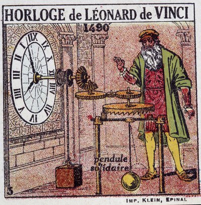 El reloj pendular de Leonardo da Vinci (Leonardo da Vinci) (1452 - 1519) (péndulo en 1490) - en “Energía” de Henri Arnould, ed. Quillet, París, siglo XX de French School