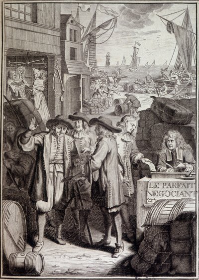 La negociación perfecta (conclusión de una marcha sobre un puerto en el siglo XVIII) - frontispicio de una obra de Jacques Savary de French School