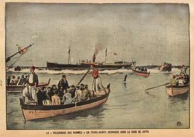 La peregrinación de los hombres en Tierra Santa de Jaffa (Israel). Grabado en "Le pelerin" 8/09/1901. Colección Selva. de French School