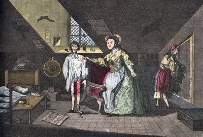 El sastre piadoso atrapado en adulterio. Grabado por Cabbage de 1768 en "Lire Et Galanterie". Colección semanal de imágenes galantes bajo la dirección de John Grand-Carteret. 1903-1904. de French School