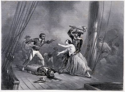 El pirata Morgan rapta a la bella española - en "Historia General de la Marina" de los hermanos E y V Penaud de French School