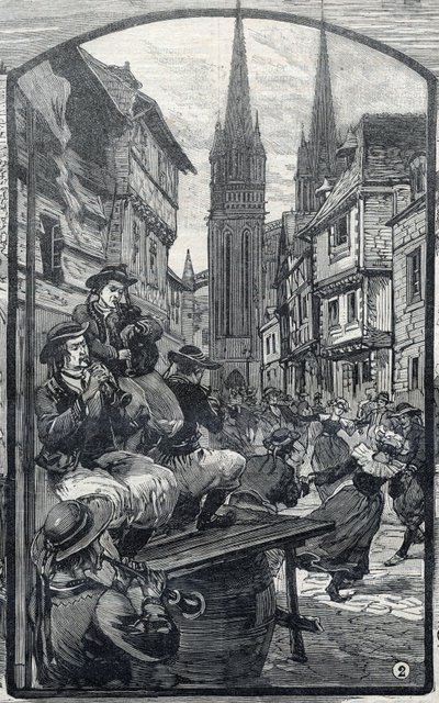 Los jugadores de biniou en Quimper (Finisterre, Bretaña). en "Le Petit Parisien" de French School