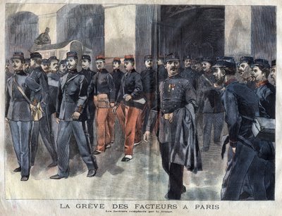 La huelga de los carteros: soldados y guardias municipales encargados de la distribución de cartas en París. Grabado de 1899 en “La petite Gironde” de French School
