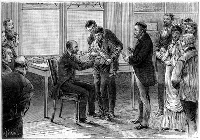 Operaciones de la vacuna contra la rabia, en el laboratorio de Louis Pasteur (1822-1895), dibujo de C. Gilbert d