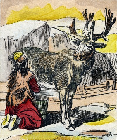 El reno siendo ordeñado. Grabado en "Buffon Alphabet des Animaux". 3ª Serie N 1. Imágenes de Epinal, Epinal, finales del siglo XIX. 16 páginas. de French School