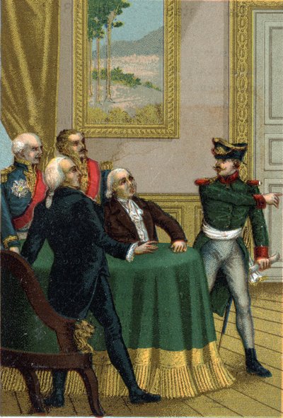 La restauración de 1815: Joseph Fouché, ministro de policía de Napoleón I, hizo que un oficial prusiano fuera introducido en la sala donde la Comisión del Gobierno Provisional dirigida por el rey Luis XVIII el 7 de julio de 1815 de French School