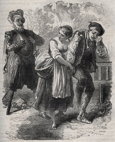 El regreso de Martin Guerre (circa 1524 alrededor de 1560): apareció ante su esposa, Bertrande de Rols, y el que había usurpado su identidad, el impostor Arnaud du Tilh (Thil). Grabado de 1871 en “Histoire Des Cocus Celebres” por Henry de Kock (1819-1892). de French School