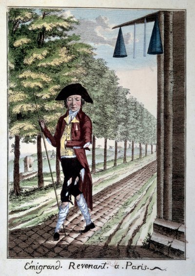 El regreso de un emigrante al final de la Revolución Francesa. Un noble desgarrado que huyó de la ciudad durante la Revolución. Grabado del siglo XIX París, Musee Carnavalet de French School