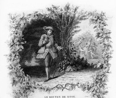 El botón de rosa. Un joven solitario y romántico en un jardín al fondo del cual una joven está rodeada de cupidos. Grabado en “Chants et chansons populaire de la France”, Tomo 2 de French School