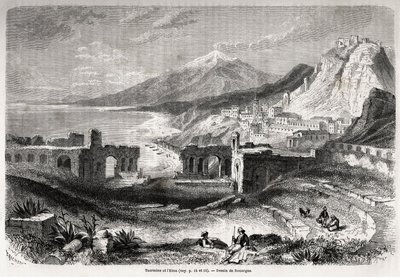 Las ruinas del antiguo teatro de Taormina (Tauromenium), al pie del Monte Tauro, con vista al pueblo moderno de Giardini y el Etna, dibujo de Adolphe Rouargue (1810-187?) y Emile Rouargue (ca1795-1865) para ilustrar el diario de Felix Bourquelot de French School
