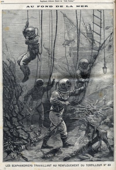 Los buzos trabajando en el rescate del torpedo 83 que se hundió en la Bahía de Douarnenez en Finisterre en Bretaña, en "Le Petit Parisien". de French School