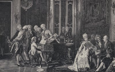 Wolfgang Amadeus Mozart de siete años tocando ante el rey Jorge III en Londres, 1764 de French School