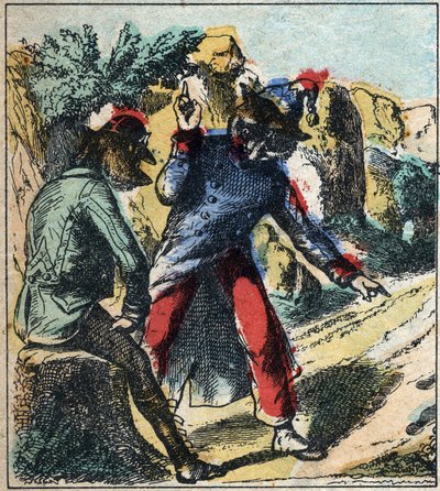 El león enfermo y el zorro. Fábulas de Jean de La Fontaine (1621-95). Imágenes de Épinal finales del siglo XIX. de French School
