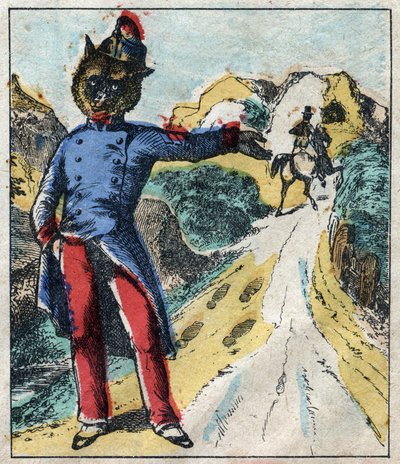 El león enfermo y el zorro. Fábulas de Jean de La Fontaine (1621-95). Imágenes de Épinal finales del siglo XIX. de French School