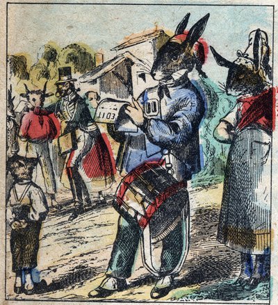 El león enfermo y el zorro. Fábulas de Jean de La Fontaine (1621-95). Imágenes de Épinal finales del siglo XIX. de French School