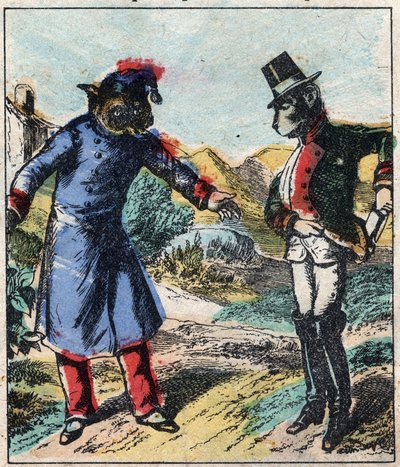El león enfermo y el zorro. Fábulas de Jean de La Fontaine (1621-95). Imagen de Epinal de finales del siglo XIX. de French School