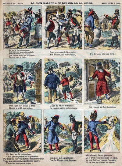 El león enfermo y el zorro. Fábulas de Jean de La Fontaine (1621-1695). Imagen de Epinal finales del siglo XIX. de French School