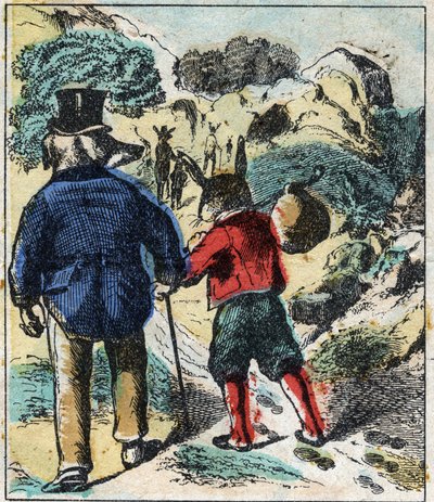 El león enfermo y el zorro. Fábulas de Jean de La Fontaine (1621-1695). Imagen de Epinal finales del siglo XIX. de French School