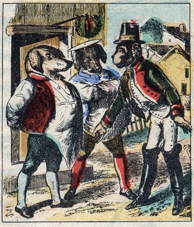 El león enfermo y el zorro. Fábulas de Jean de La Fontaine (1621-95). Imágenes de Epinal de finales del siglo XIX. de French School