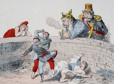 La situación - Gauillaume: Debemos ayudar a los locos, Badingue (Napoleón III): Déjalos hacer mi hermano, será tiempo de intervenir cuando (los parisinos) se hayan devorado entre ellos. Caricatura sobre la Comuna. de French School