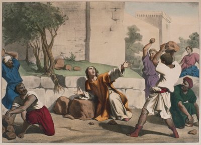 La lapidación de San Esteban, ilustración de un catecismo L