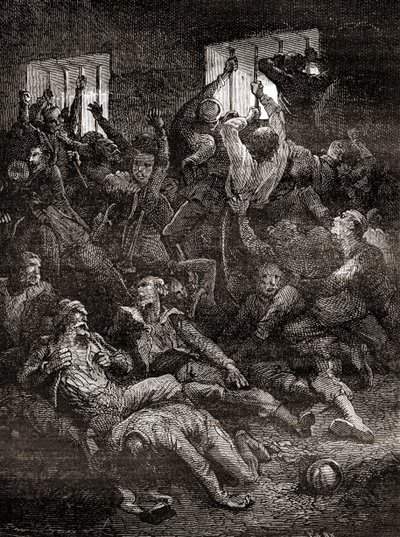 El sufrimiento y la muerte debido a la mala ventilación, de prisioneros ingleses en el Agujero Negro de Calcuta, una pequeña mazmorra en el antiguo Fuerte William en Calcuta, India, donde las tropas del Nawab de Bengala, Siraj ud-Daulah, mantuvieron prisio de French School