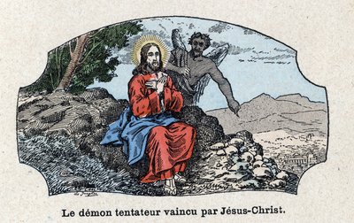 El demonio tentador derrotado por Jesucristo. Jesucristo llevado al desierto por el espíritu, fue tentado por el diablo. De 