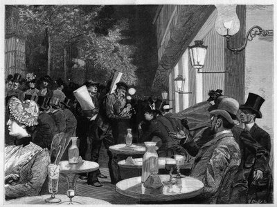 La terraza de un café del Boulevard a medianoche en París. Grabado en “El Mundo Ilustre” de French School