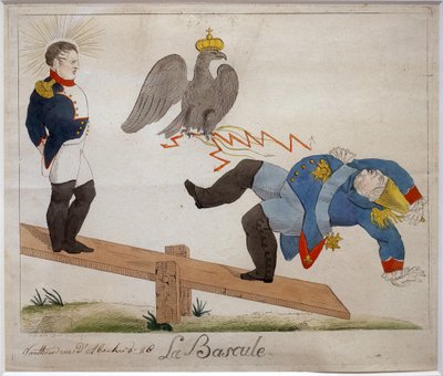 El cambio. Retrato de Napoleón Bonaparte (1769-1821) de pie sobre una tabla oscilante, viendo caer a su enemigo, abatido por un águila coronada. Caricatura. Aguafuerte, principios del siglo XIX, Francia. Museo Napoleónico, Antibes. de French School