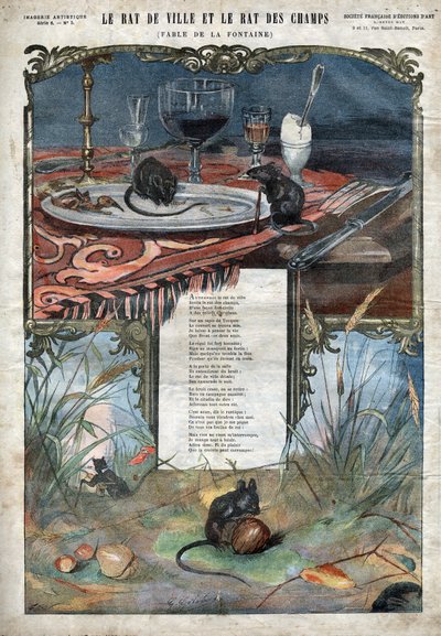 El ratón de ciudad y el ratón de campo. Fábulas de Jean de La Fontaine (1621-95). Ilustración de finales del siglo XIX. de French School