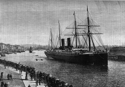El transatlántico "La Gascogne" en el puerto de Le Havre en 1887. Grabado en el ilustre diario "La jeunesse" de French School