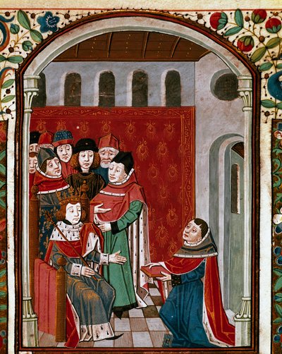 El traductor Jean de Meung (1240-1305) dona su obra al Rey Felipe IV el Hermoso (1268-1314). Miniatura de 