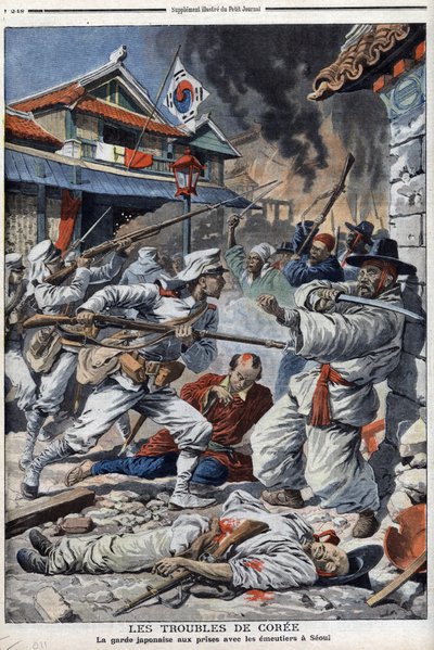 Los problemas de Corea, la guardia japonesa luchando con los emeutiers en Seúl, descontentos por la abdicación de Yi-Yeung - "Le Petit Journal" del 4 de agosto de French School