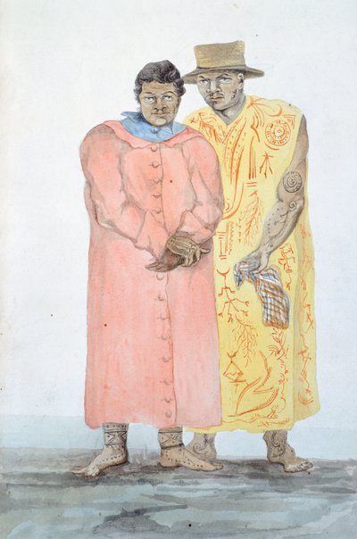 Los dos reyes de Bora Bora, Ilustración del Viaje de Louis I Duperrey, por LF Lejeune de French School