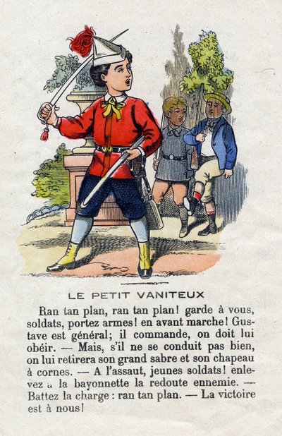 El pequeño vanidoso. Niño que en general no le gusta y da órdenes a sus compañeros. Alfabeto de niños pequeños. Abecedario con valor moral que contiene ejercicios de lectura. Imágenes de Epinal, finales del siglo XIX de French School