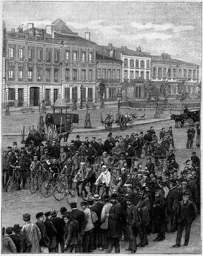 La carrera de velocípedos de Burdeos a París: los velocipedistas parten de Burdeos el 23 de mayo de 1891, a las 5 a.m. Grabado en 