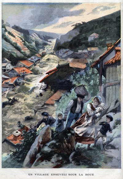 El pueblo de Saint-Ours cerca de Barcellonnette en los Alpes enterrado bajo el barro - en "Le Petit Parisien" de French School