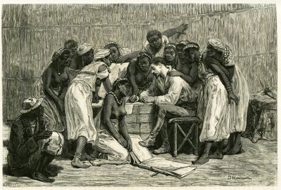 La visita de las reinas, las dieciséis esposas del Rey Sepopo, en la caja del Dr. Holub. Grabado de D.Maillard, para ilustrar la historia “En el país de los Marutses”, en 1875-1879, por el Dr. Emile Holub (1847-1902). Publicado en el Tour du monde, 2º seme de French School