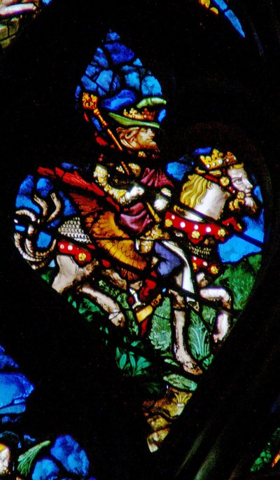 La ventana rosa oeste que representa una escena del Libro de Apocalipsis: Abadón o Apolión, el ángel del abismo (9:11) de French School
