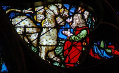 La ventana rosa oeste que representa una escena del Libro de Apocalipsis: adoración de la bestia (13:8) de French School