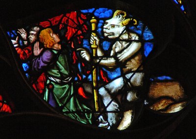 La ventana rosa oeste que representa una escena del Libro de Apocalipsis: cordero en el Monte Sion con dos de los 144,000 redimidos (14:1-5) de French School