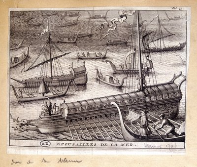 Las esposas del Dogo de Venecia con el mar en 1706 - grabado de French School