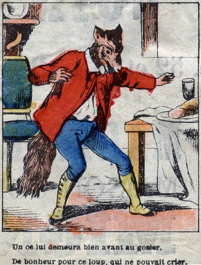 El lobo y la cigüeña. Fábulas de Jean de La Fontaine (1621-95). Imagen de Épinal de finales del siglo XIX. de French School