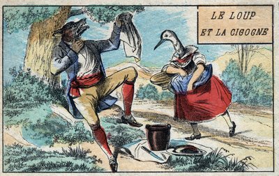 El lobo y la cigüeña. Fábulas de Jean de La Fontaine (1621-95). Imagen de Épinal de finales del siglo XIX. de French School