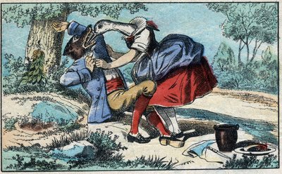 El lobo y la cigüeña. Fábulas de Jean de La Fontaine (1621-95). Imagen de Épinal de finales del siglo XIX. de French School