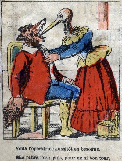 El lobo y la cigüeña. Fábulas de Jean de La Fontaine (1621-95). Imágenes de Épinal finales del siglo XIX. de French School