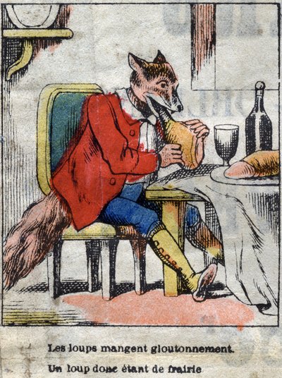 El lobo y la cigüeña. Fábulas de Jean de La Fontaine (1621-95). Imágenes de Épinal finales del siglo XIX. de French School
