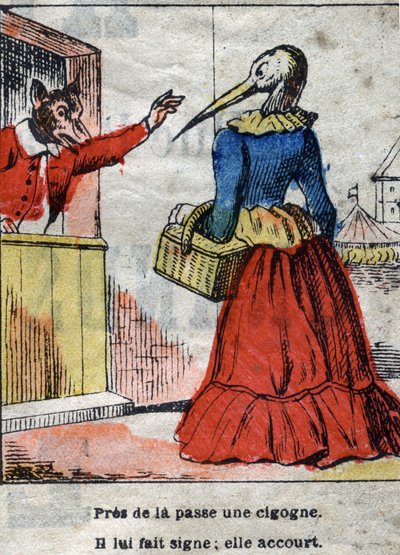 El lobo y la cigüeña. Fábulas de Jean de La Fontaine (1621-95). Imagen de Epinal de finales del siglo XIX. de French School