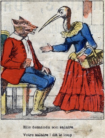 El lobo y la cigüeña. Fábulas de Jean de La Fontaine (1621-1695). Imagen de Epinal finales del siglo XIX. de French School